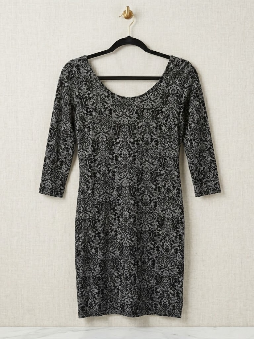 Stradivarius Gray Black Baroque Flocked Velvet Mini Dress Low Back 3/4 Sleeve Si
